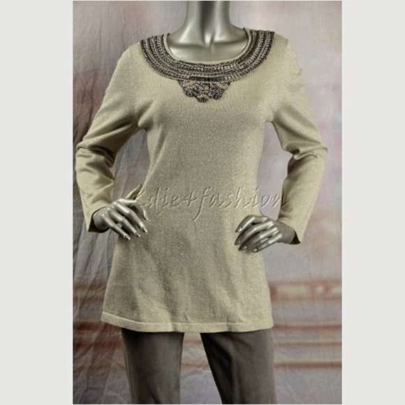 $1295 New MICHAEL KORS Beige Gold Metallic Beaded Sequin Neck Sweater 8